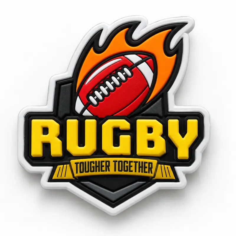Raised 3D PVC Rugby Tougher Together emblem patch with a flaming ball.