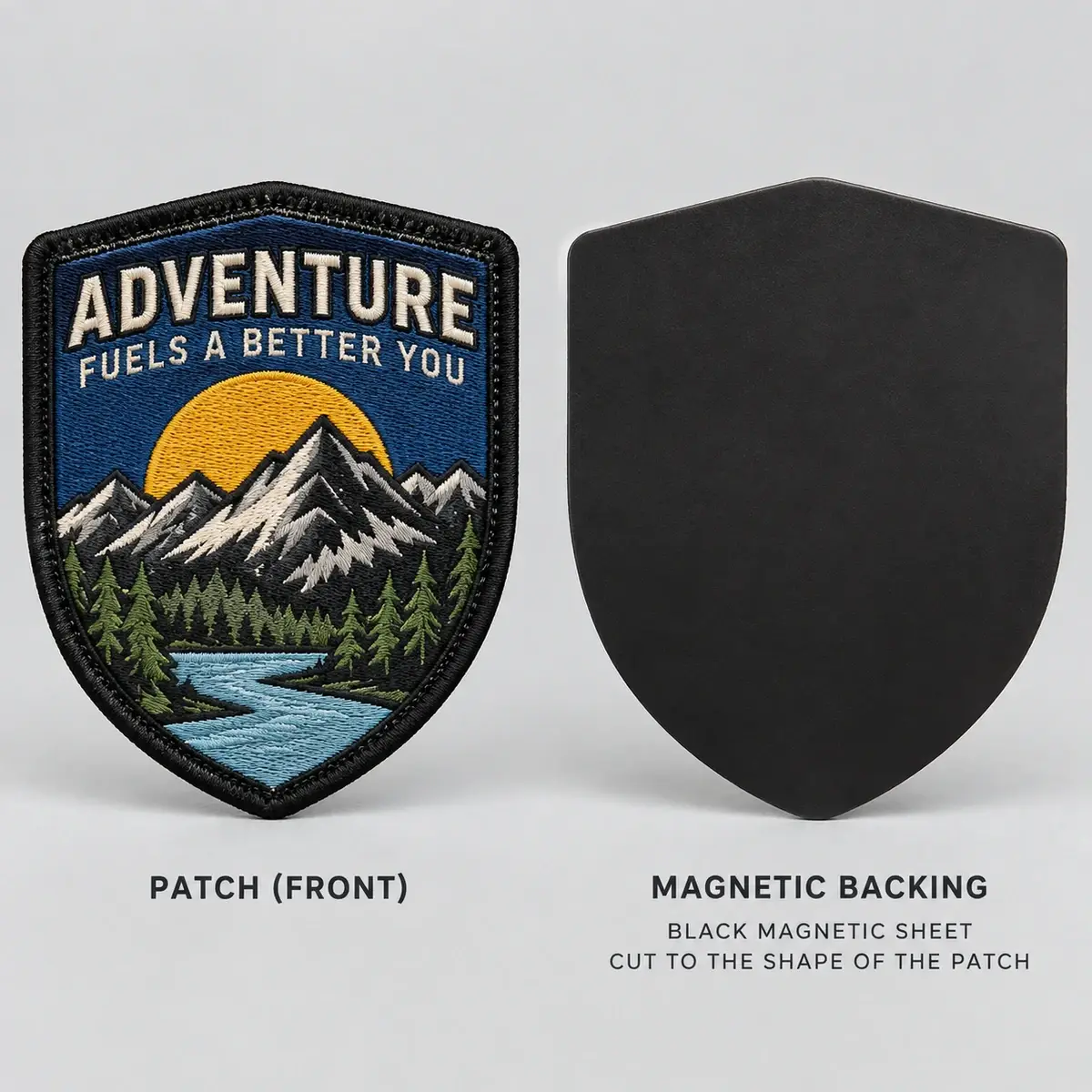 Embroidered Adventure shield patch beside its black magnetic backing cut to shape.