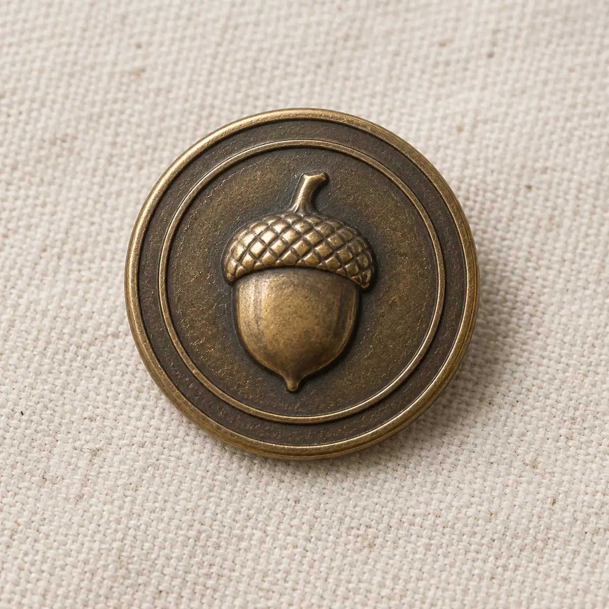 Round antique bronze lapel pin with a raised acorn.