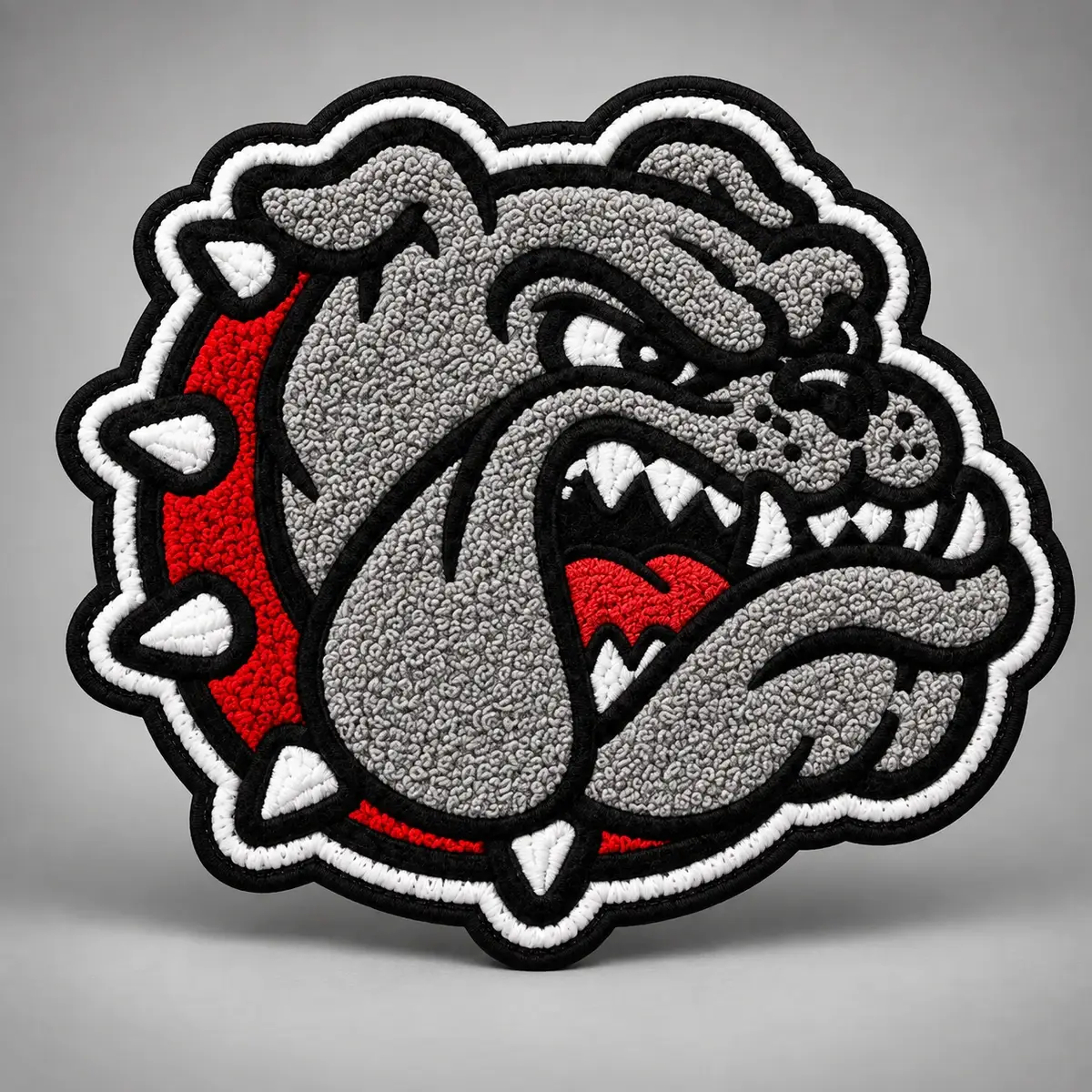 Chenille and tackle twill bulldog mascot patch with a spiked collar.