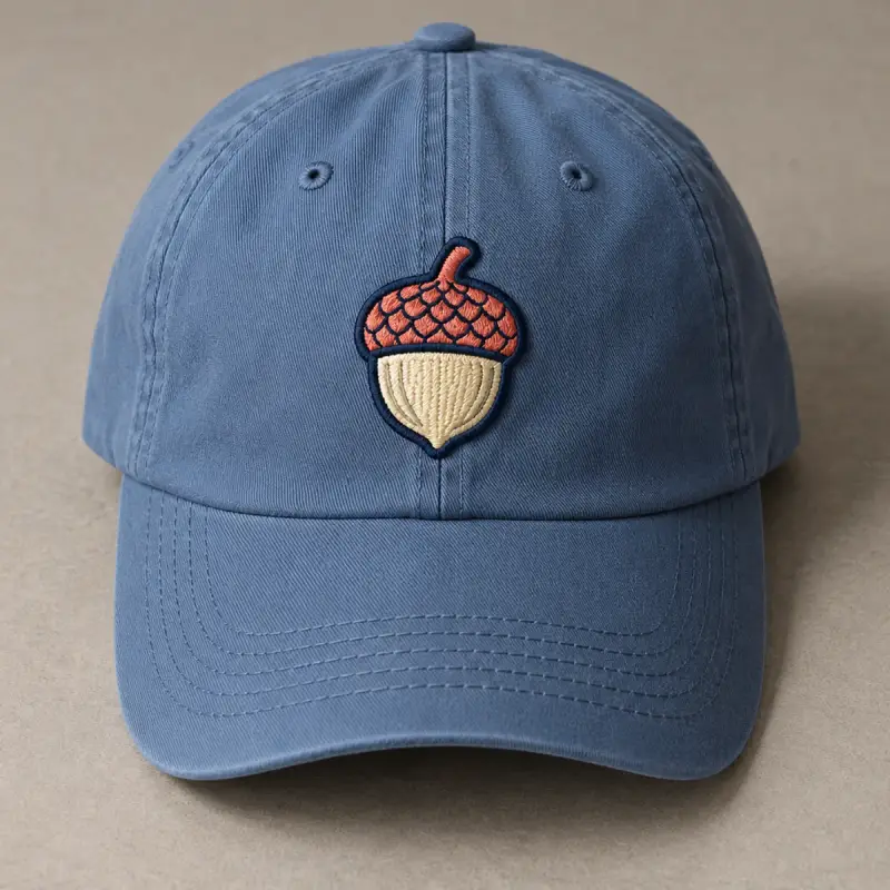 Embroidered acorn patch on the front of a blue dad cap.