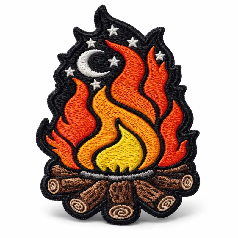 Embroidered campfire morale patch under a crescent moon and stars.