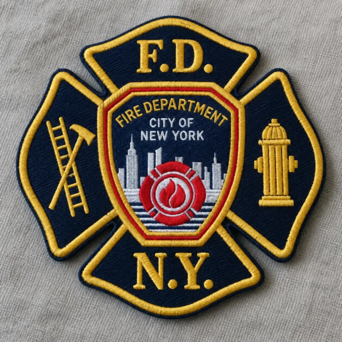 Embroidered Maltese cross F.D. N.Y. patch with a ladder, hydrant and city skyline.
