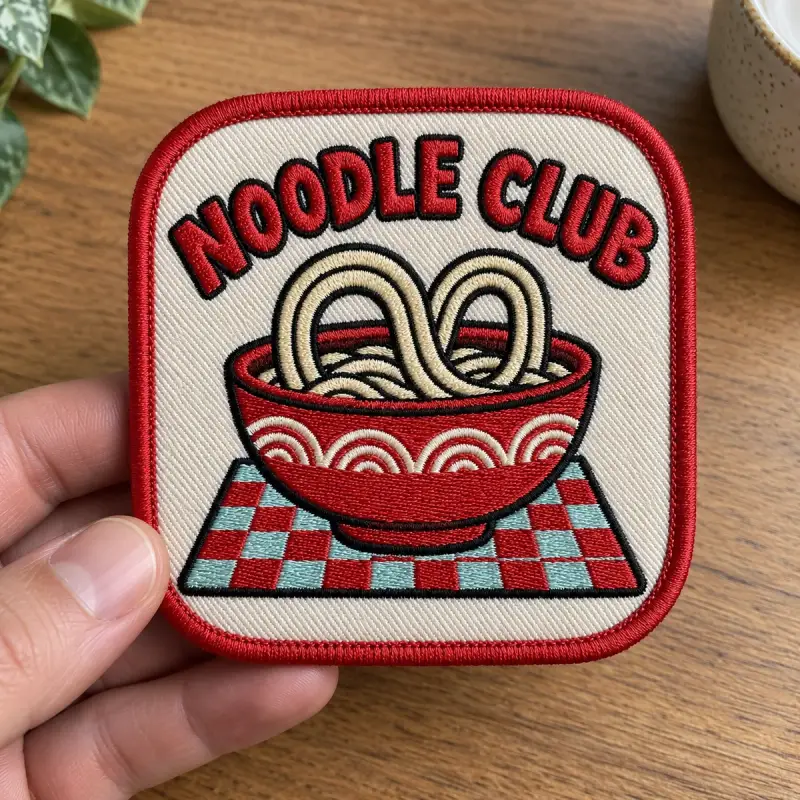 Embroidered Noodle Club logo patch with a ramen bowl, held in hand.