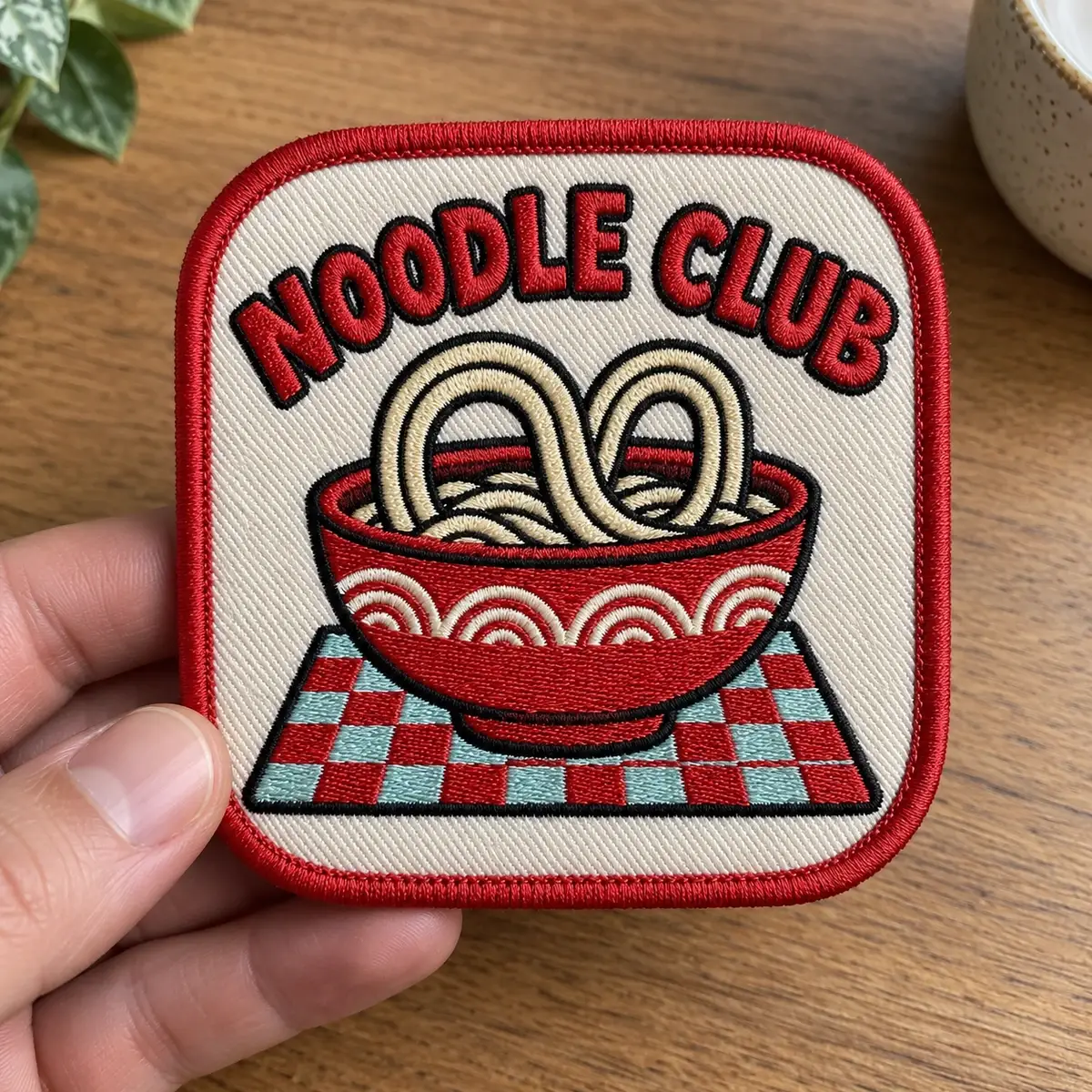 Embroidered Noodle Club logo patch with a ramen bowl, held in hand.