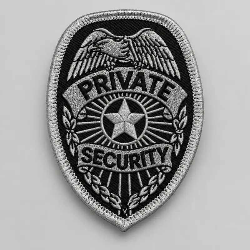 Silver and black embroidered Private Security badge patch with an eagle and star.