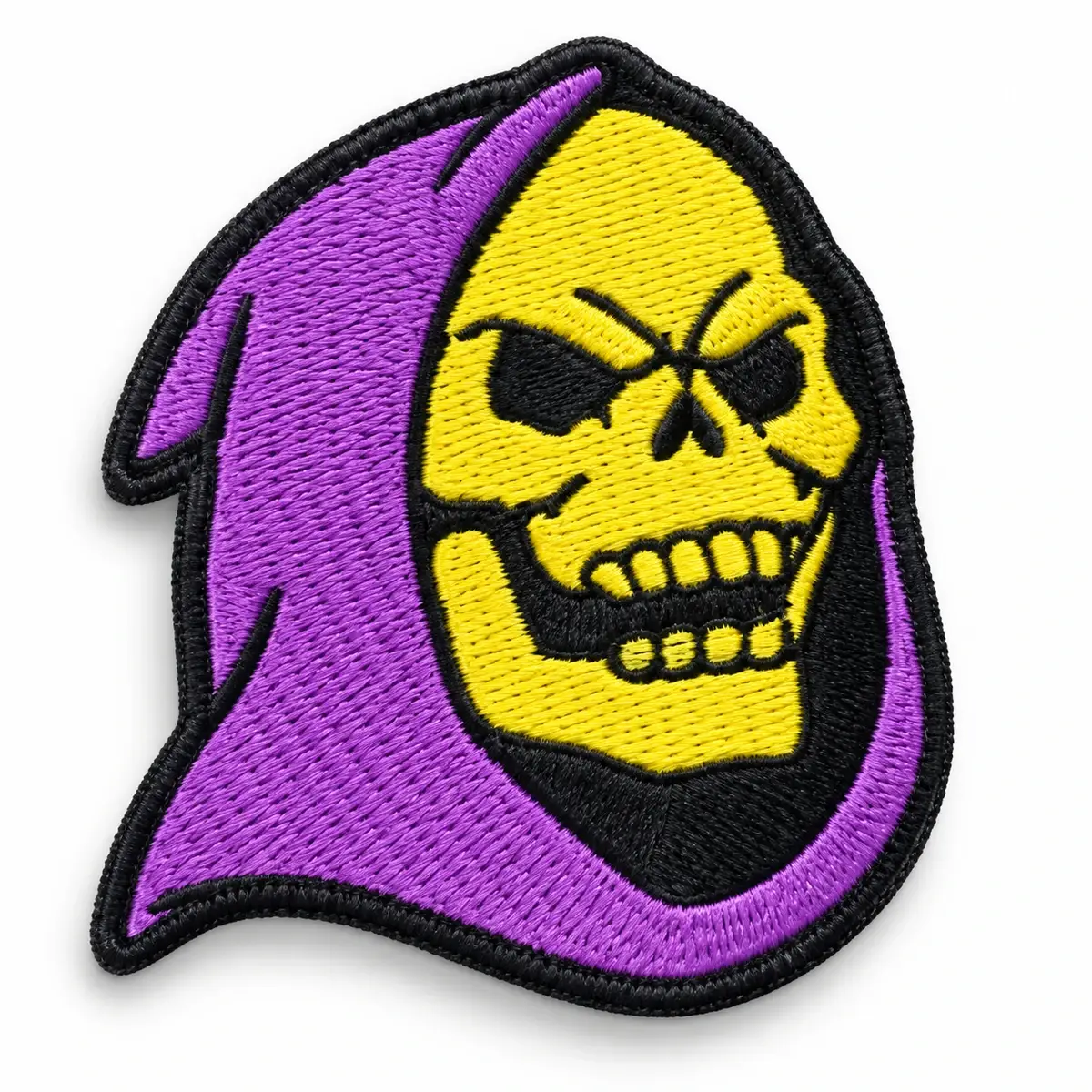 Embroidered yellow skull in a purple hood morale patch.