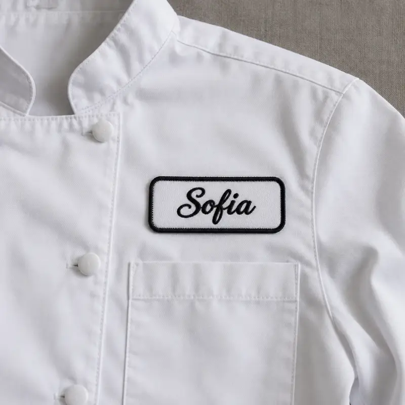 Embroidered Sofia script name patch on a white chef coat.