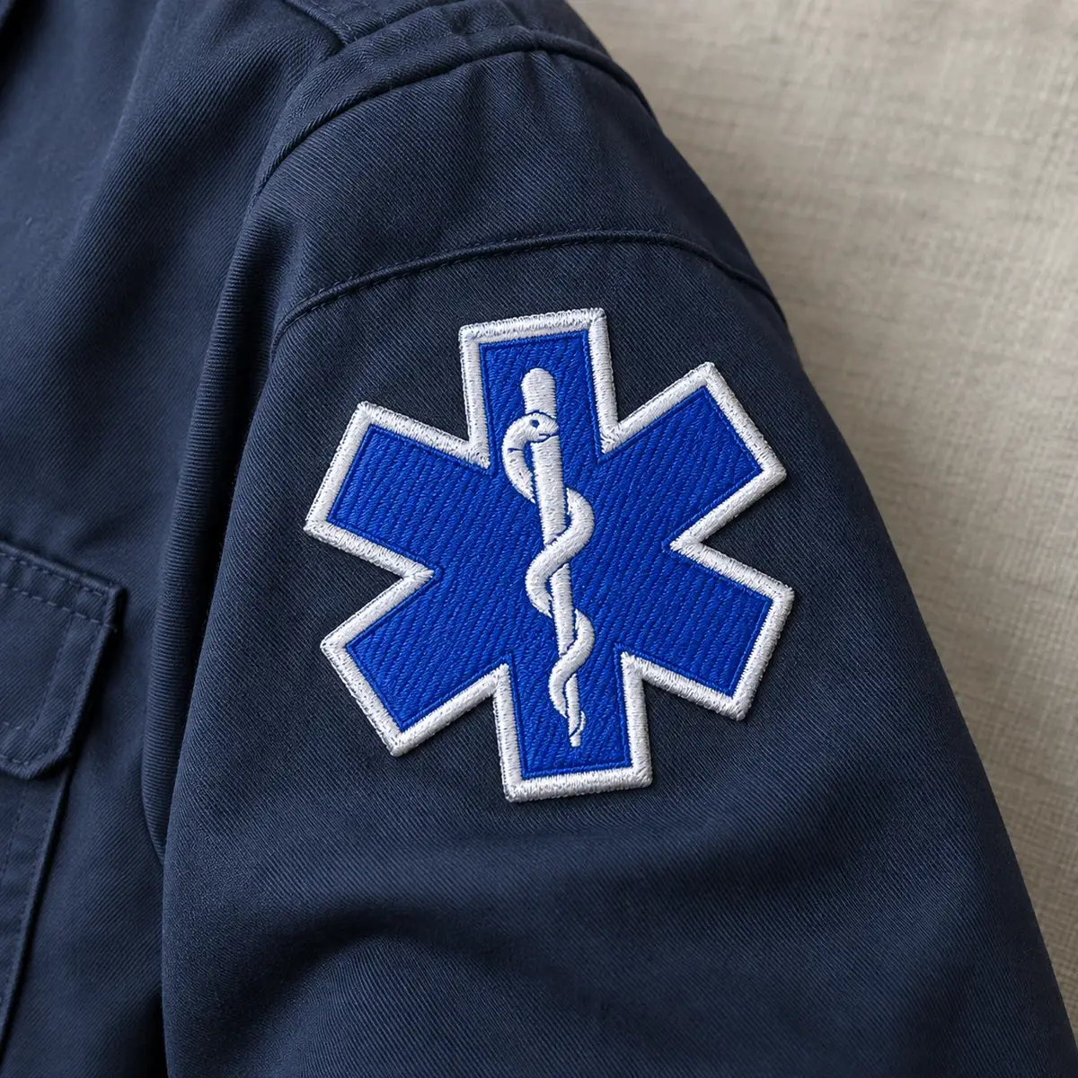 Embroidered blue Star of Life patch on the sleeve of a navy uniform shirt.