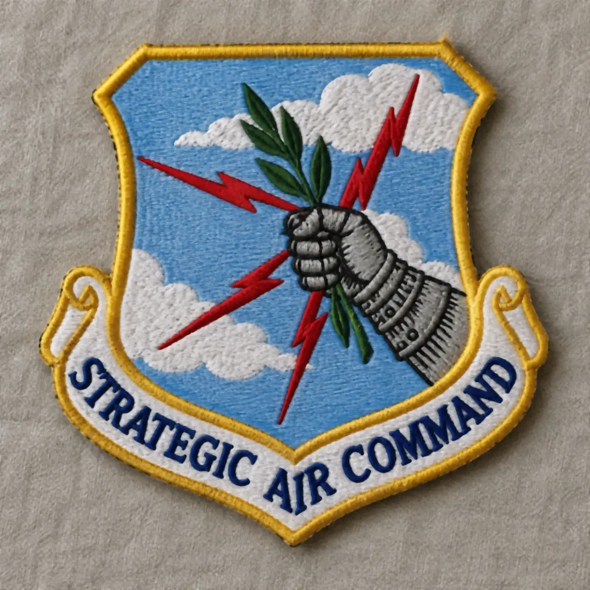 Embroidered Strategic Air Command shield patch with an armored fist holding lightning bolts and an olive branch.