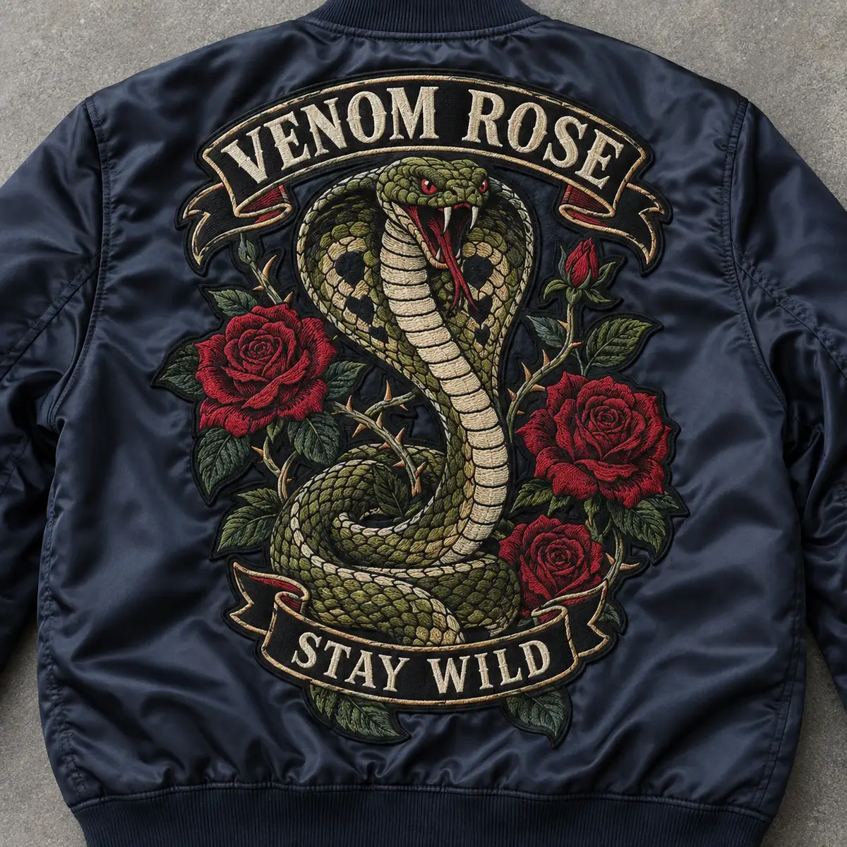 Embroidered Venom Rose Stay Wild back patch with a cobra and red roses on a navy bomber jacket.