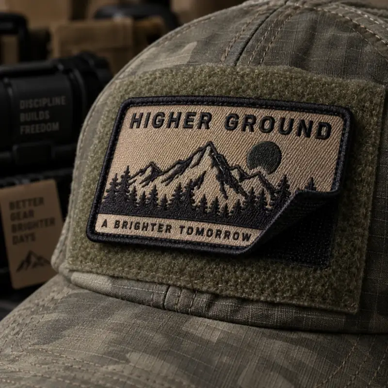 Higher Ground hook and loop patch peeling off the loop panel of a camo cap.