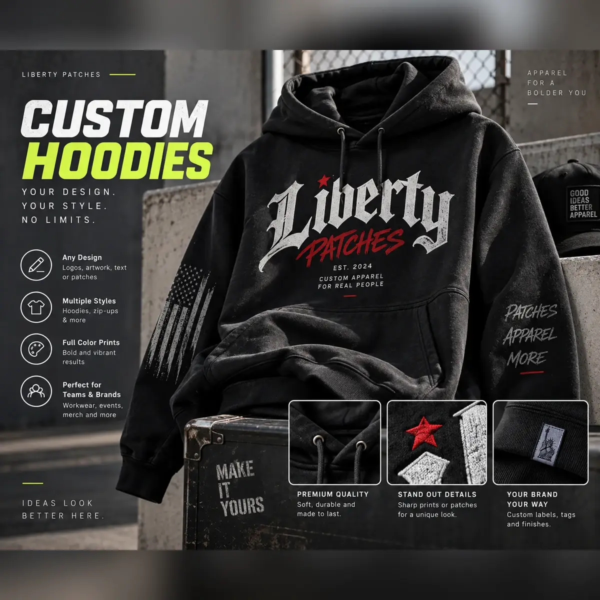 Black hoodie with a Liberty Patches gothic chest print and a flag sleeve patch.
