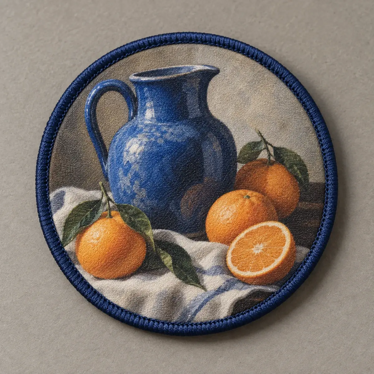 Round printed patch of a blue jug and oranges still life.