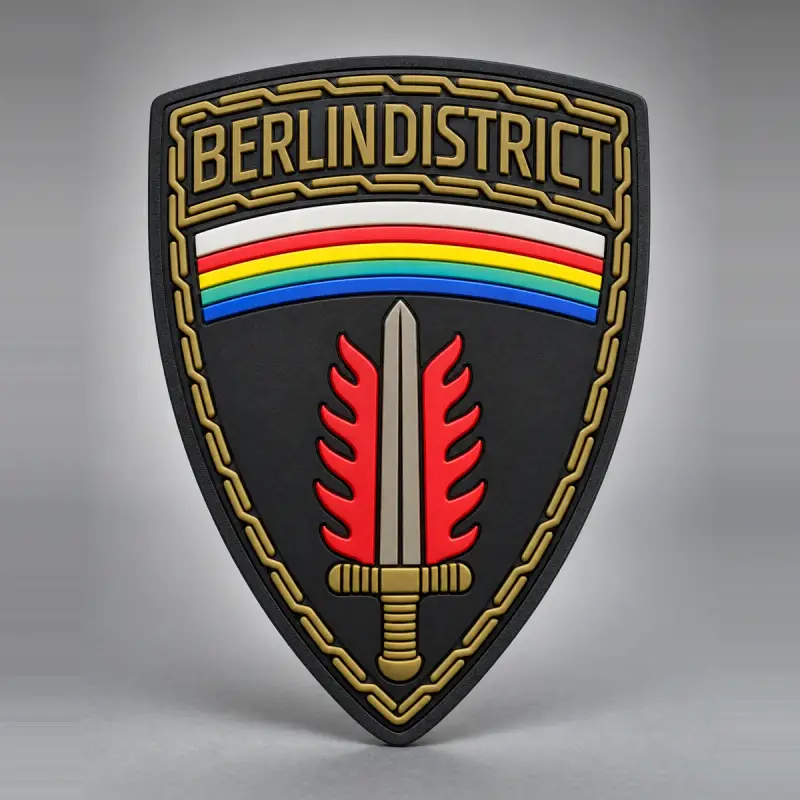 Molded PVC BERLINDISTRICT shield patch with a flaming sword, a rainbow band and a gold chain border.