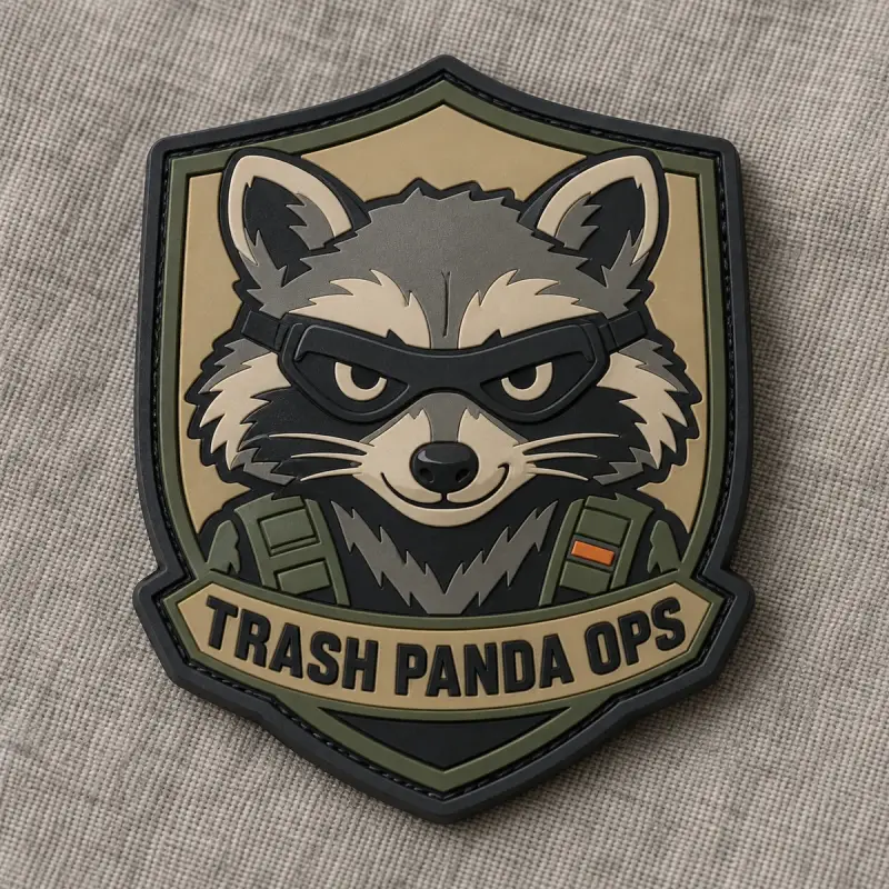 Molded 3D PVC Trash Panda Ops raccoon shield patch on linen.