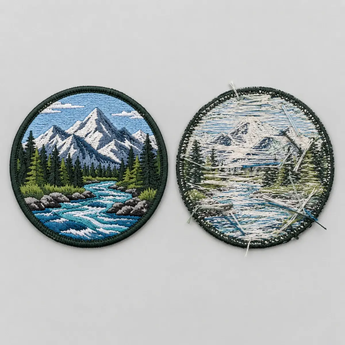 Round embroidered river patch beside its unbacked reverse showing loose threads.