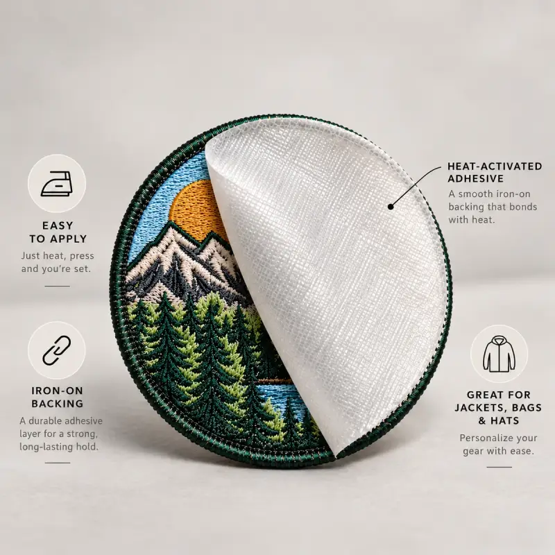 Round embroidered mountain patch with its heat-activated iron-on backing peeled back.