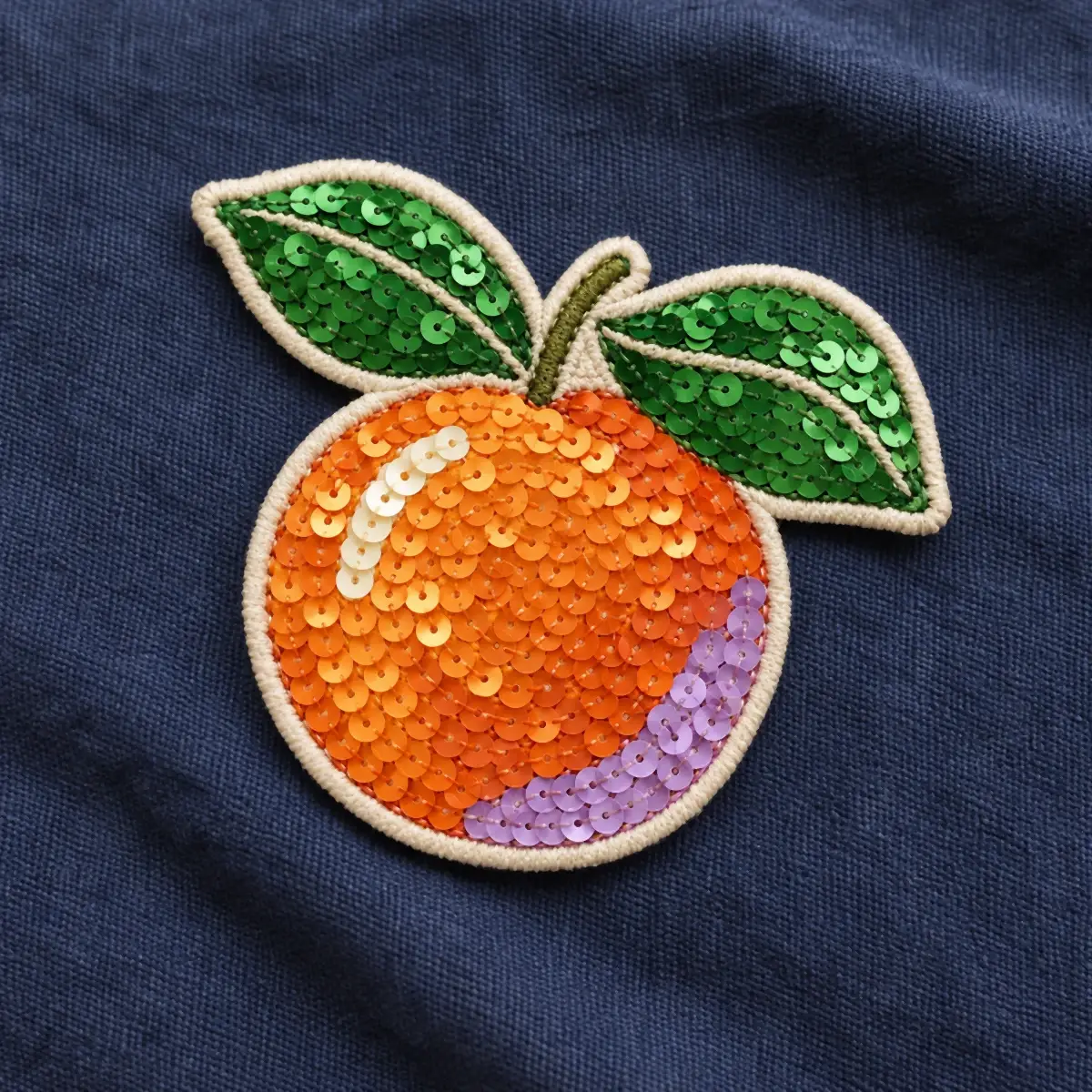 Sequin orange patch with green leaves on a navy garment.