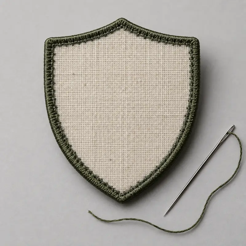 Twill back of an embroidered shield patch beside a needle and thread.