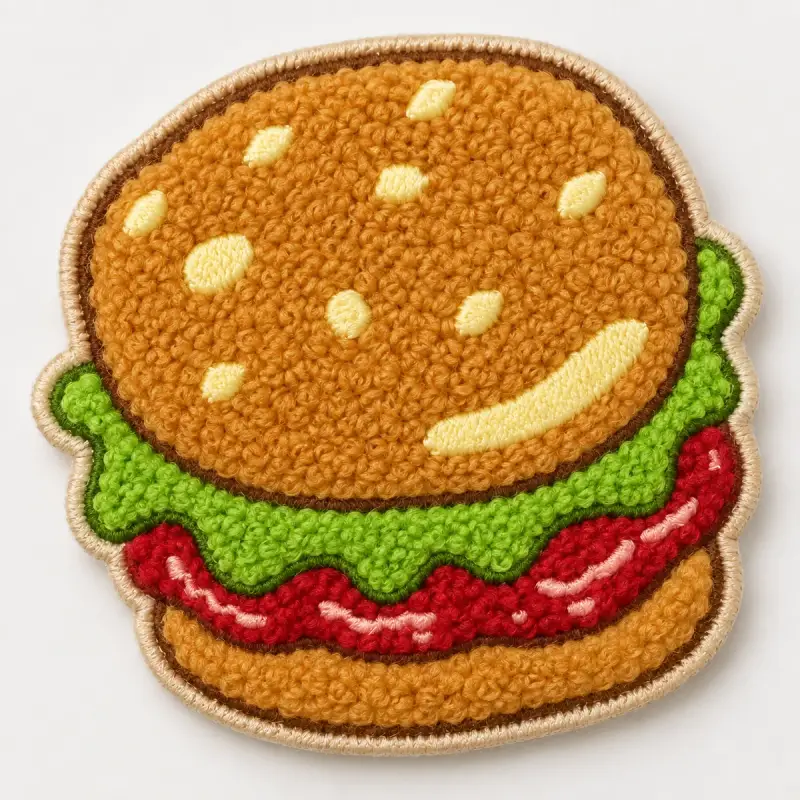 Chenille cheeseburger morale patch with a sesame bun.