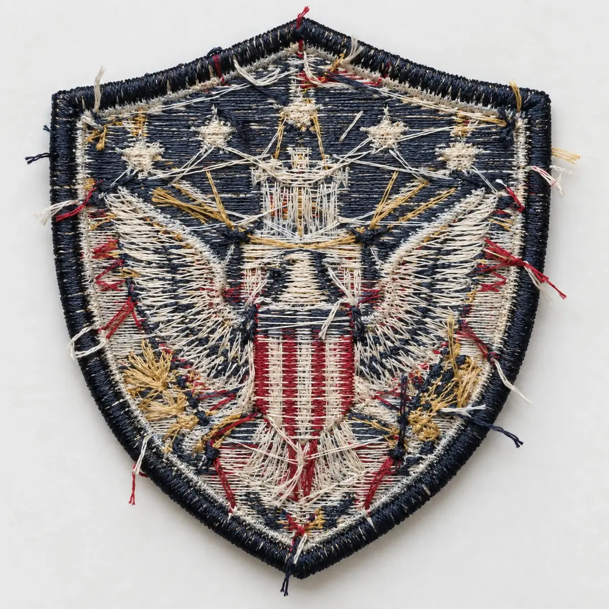 Unbacked reverse of an embroidered eagle shield patch with visible jump threads.