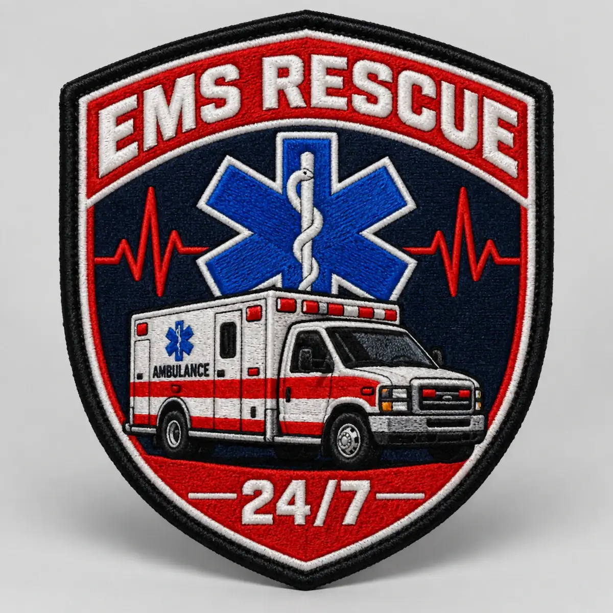 Fully embroidered EMS Rescue 24/7 shield patch with an ambulance under a Star of Life.