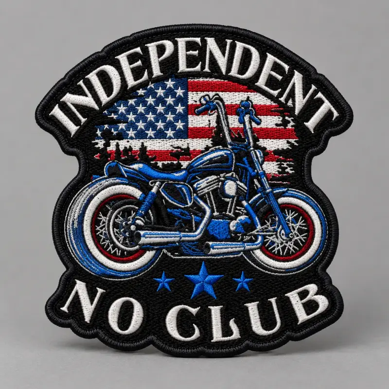 Embroidered Independent No Club back patch with a blue motorcycle over a US flag.