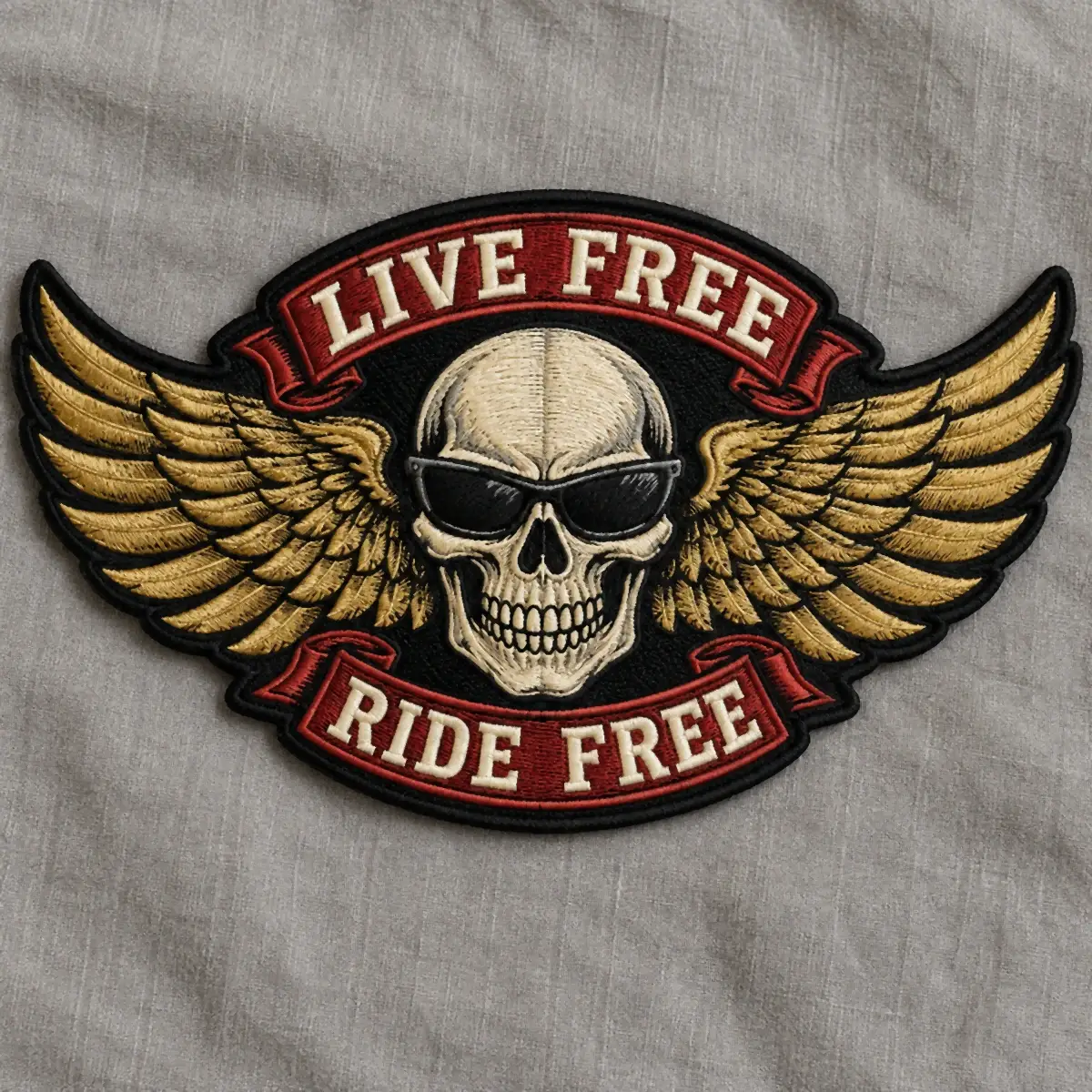 Embroidered Live Free Ride Free patch with a skull in sunglasses between gold wings.