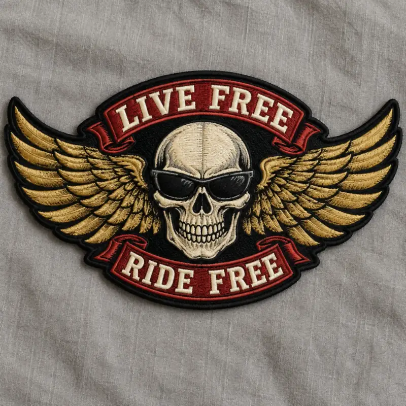 Embroidered Live Free Ride Free patch with a skull in sunglasses between gold wings.