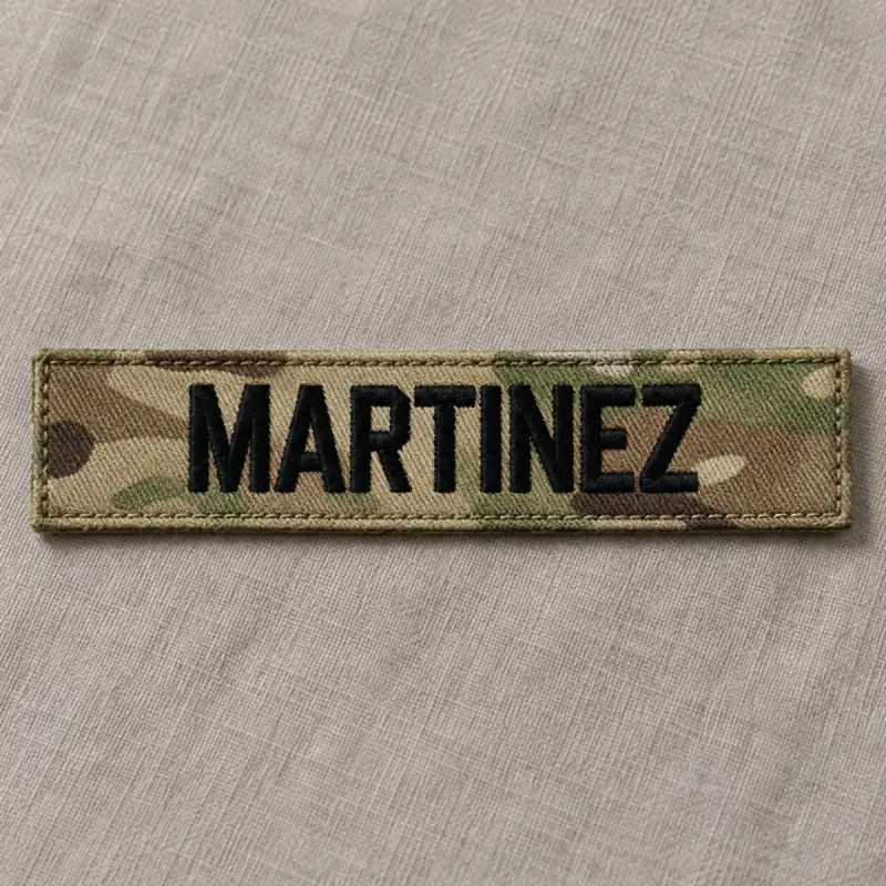 Embroidered MARTINEZ name tape in black lettering on multicam camouflage.