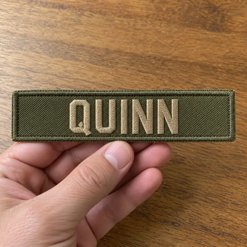 Olive embroidered QUINN name tape held in hand.