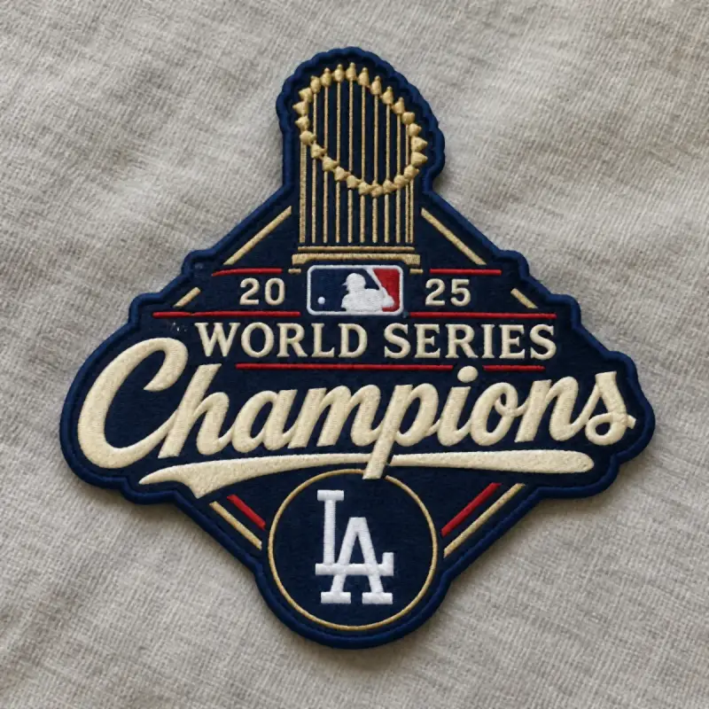 Fully embroidered 2025 World Series Champions patch with a trophy on linen.