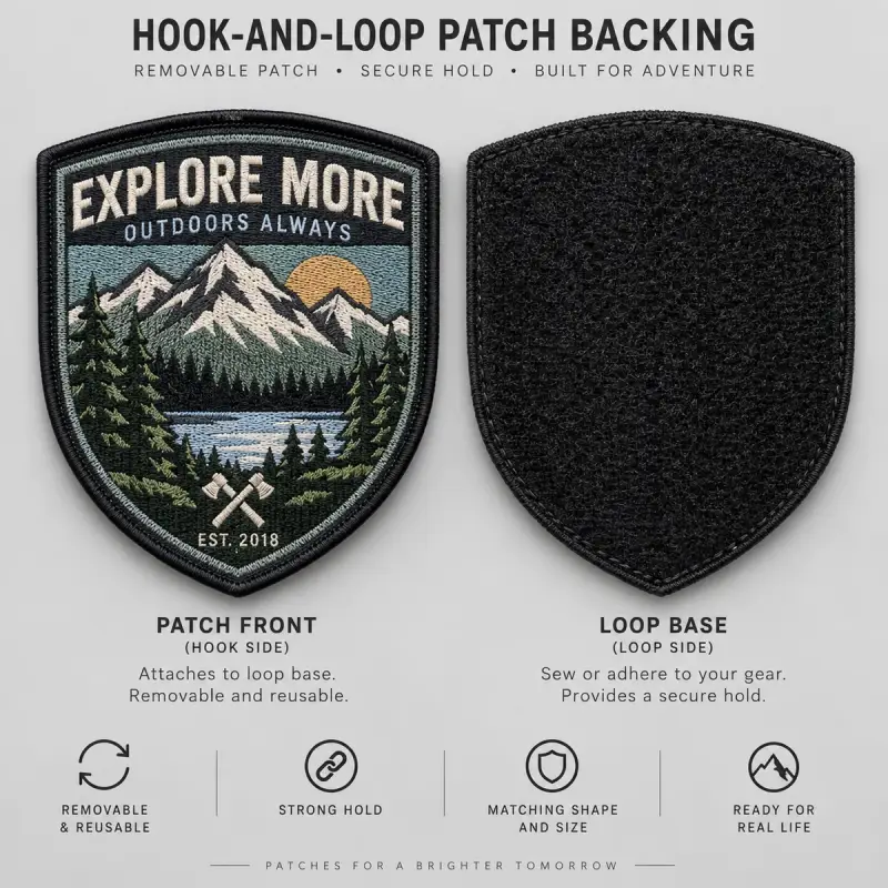 Explore More shield patch with a hook back beside its matching loop base.