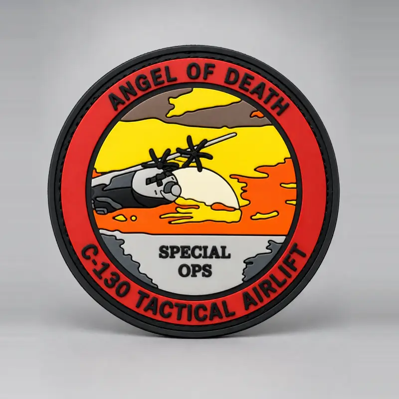 Round PVC Angel of Death Special Ops patch with a C-130 over a sunset, ringed in red.
