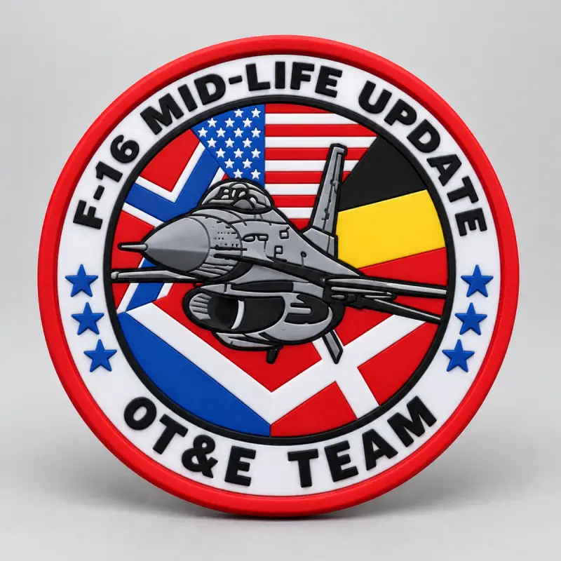 Round PVC F-16 Mid-Life Update OT&E Team patch with a fighter jet over US, Norwegian and Belgian flags.