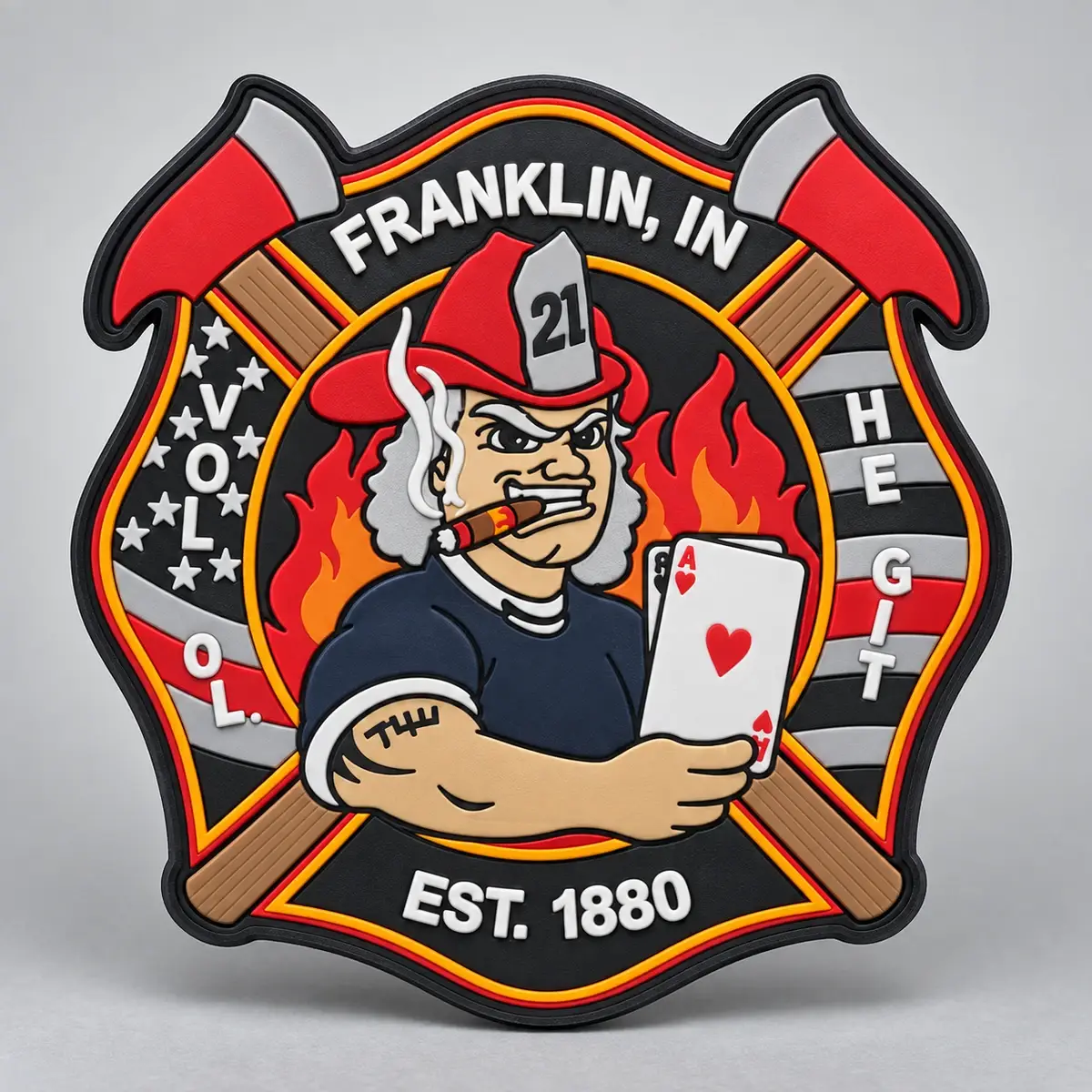 Molded PVC Franklin, IN firefighter patch with a cigar-chewing firefighter holding an ace, est. 1880.