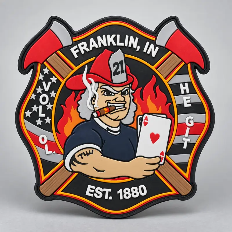 Molded PVC Franklin, IN firefighter patch with a cigar-chewing firefighter holding an ace, est. 1880.