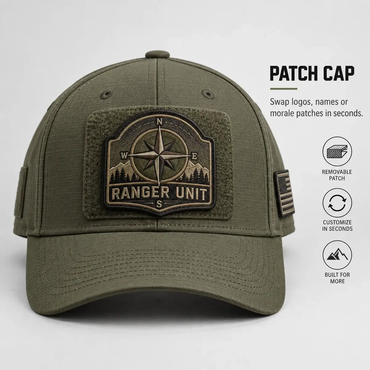 Olive tactical cap with a removable Ranger Unit compass patch on its loop panel.