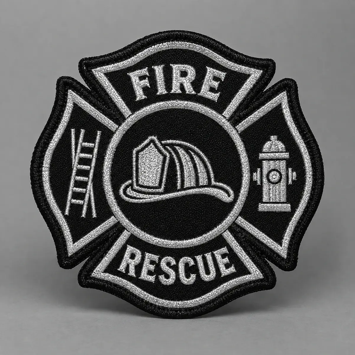 Reflective silver Fire Rescue Maltese cross patch on black.