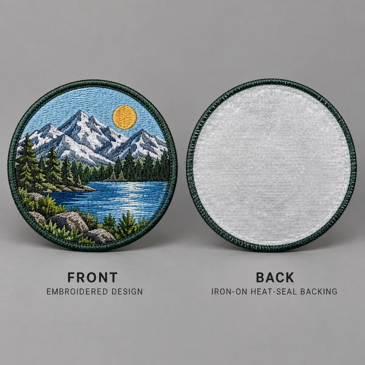 Round embroidered mountain lake patch shown front and back with an iron-on heat-seal backing.