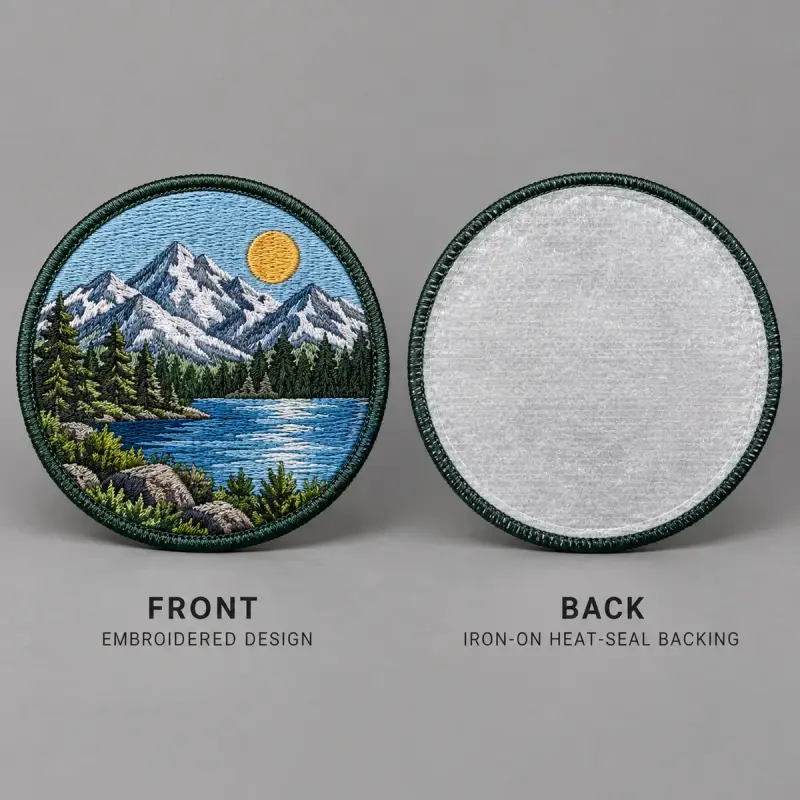 Round embroidered mountain lake patch shown front and back with an iron-on heat-seal backing.