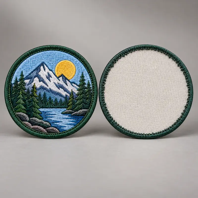 Round embroidered mountain lake patch shown front and back with a plain twill back for sewing.