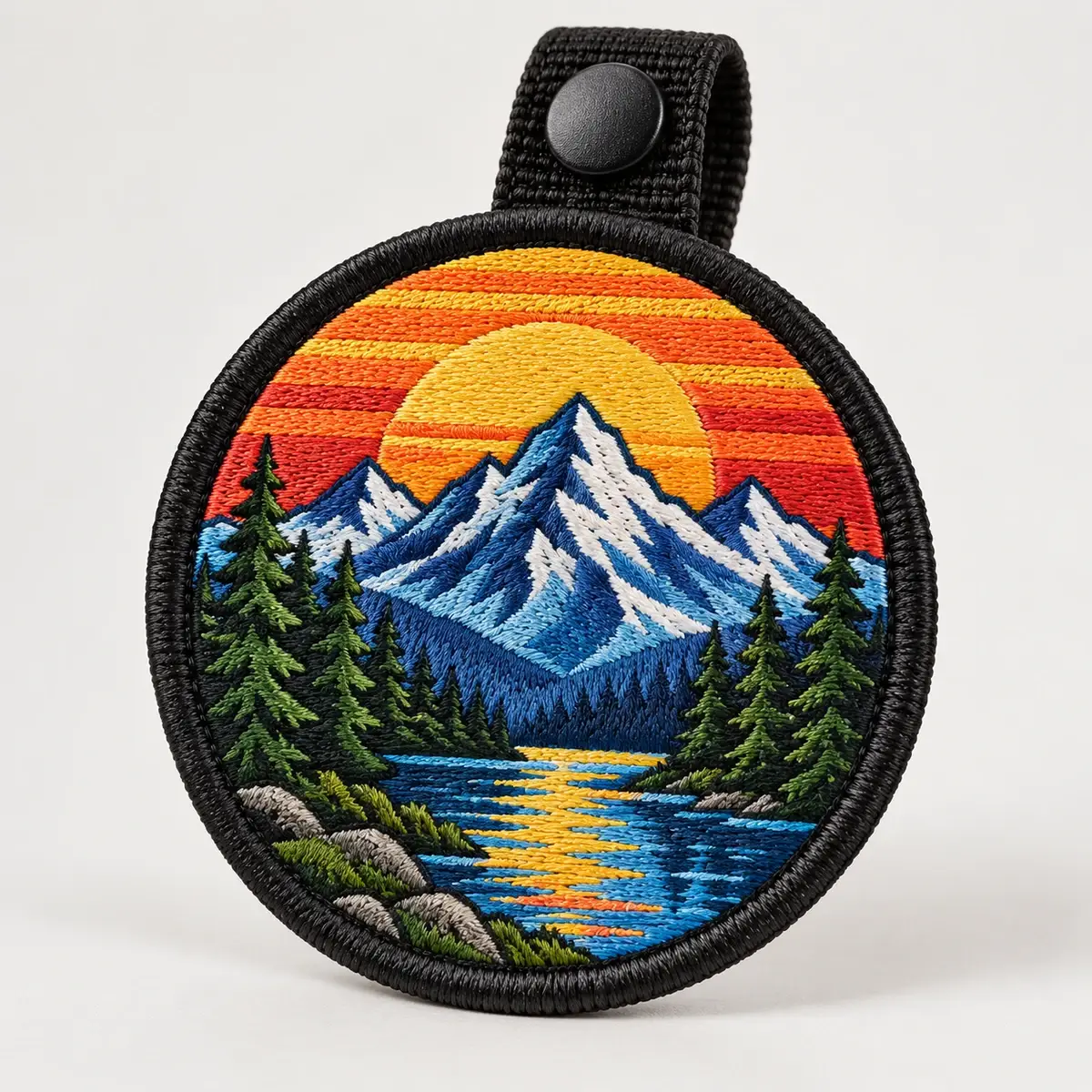 Round embroidered sunset mountain patch hanging from a button loop tab.