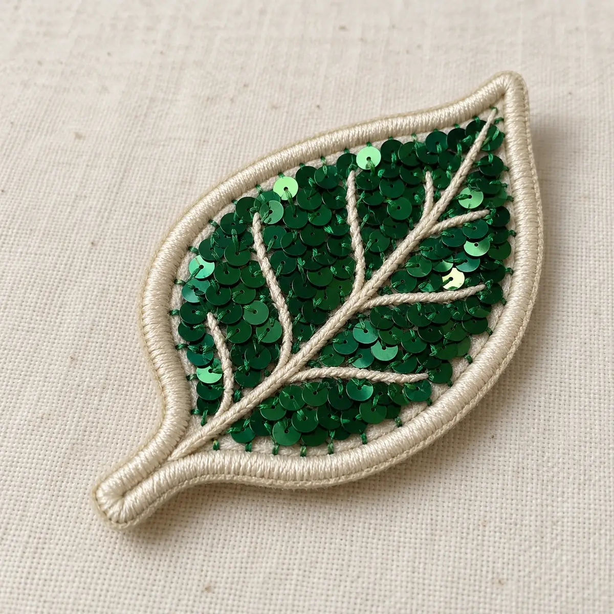 Green sequin leaf patch with stitched white veins.