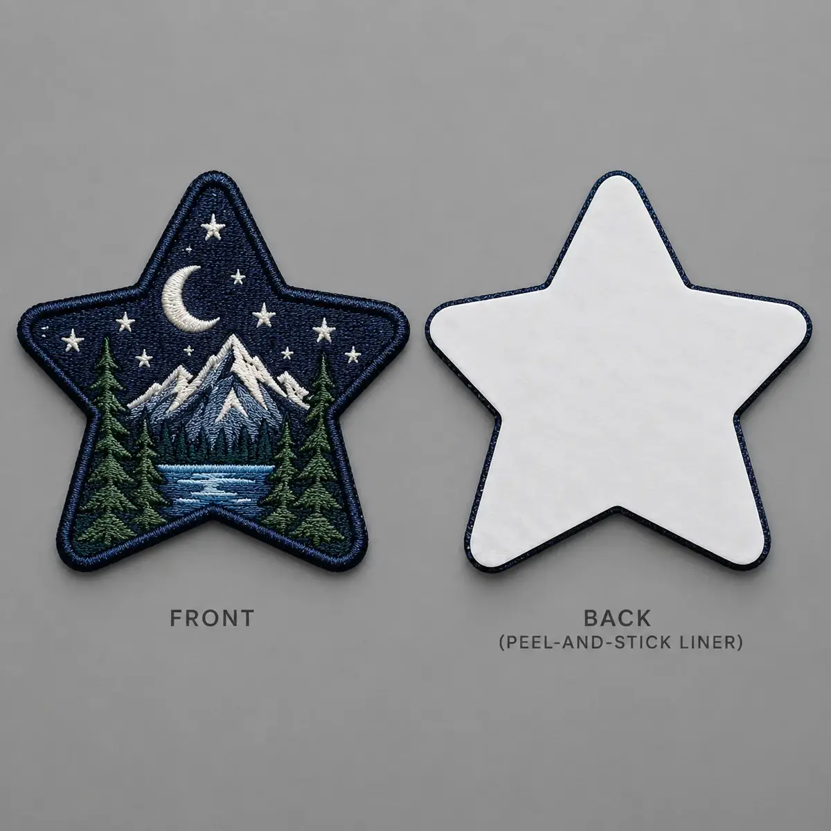 Star-shaped embroidered night sky patch shown front and back with a peel-and-stick liner.