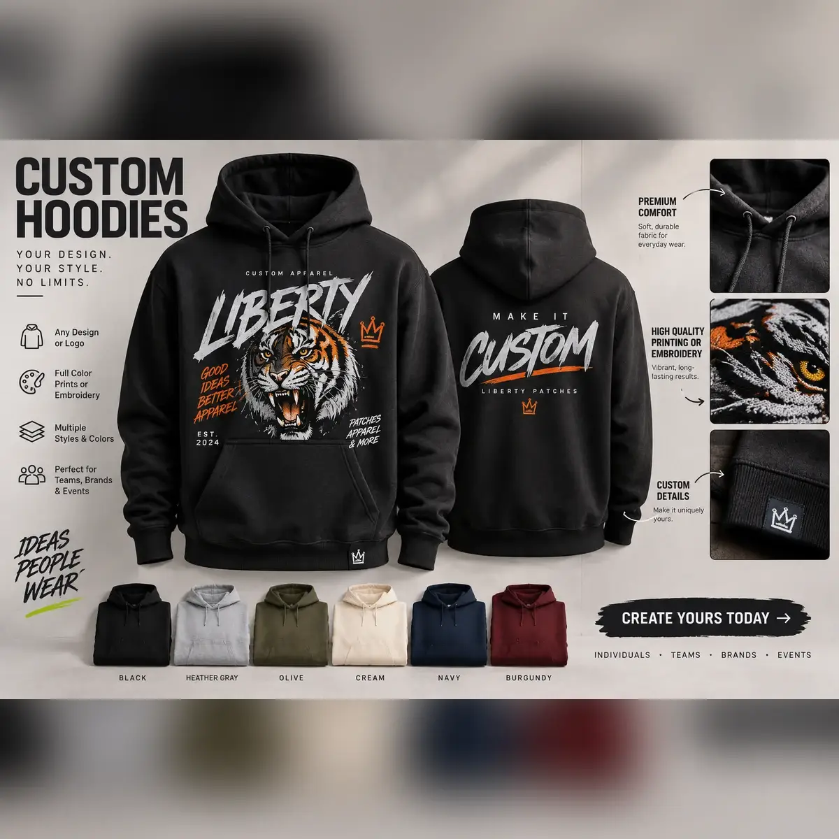 Black hoodie with a tiger print on the front and a Custom script print on the back.