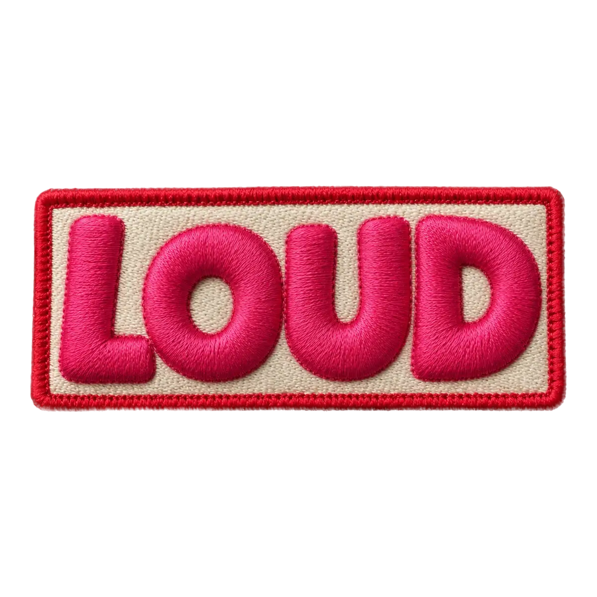 3D puff embroidered LOUD patch in pink on a cream bar.