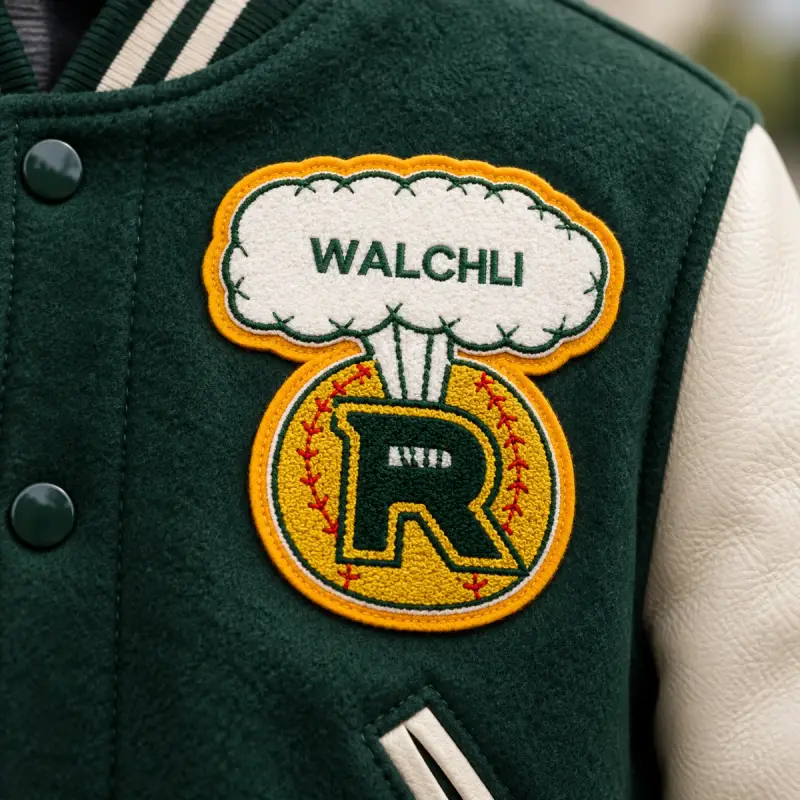 Chenille WALCHLI letter R patch on the chest of a green letterman jacket.
