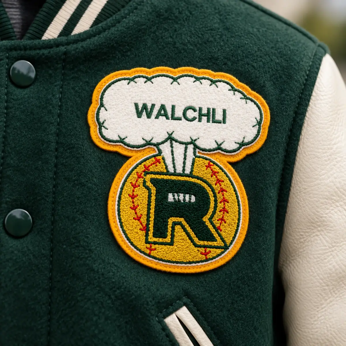 Chenille WALCHLI letter R patch on the chest of a green letterman jacket.